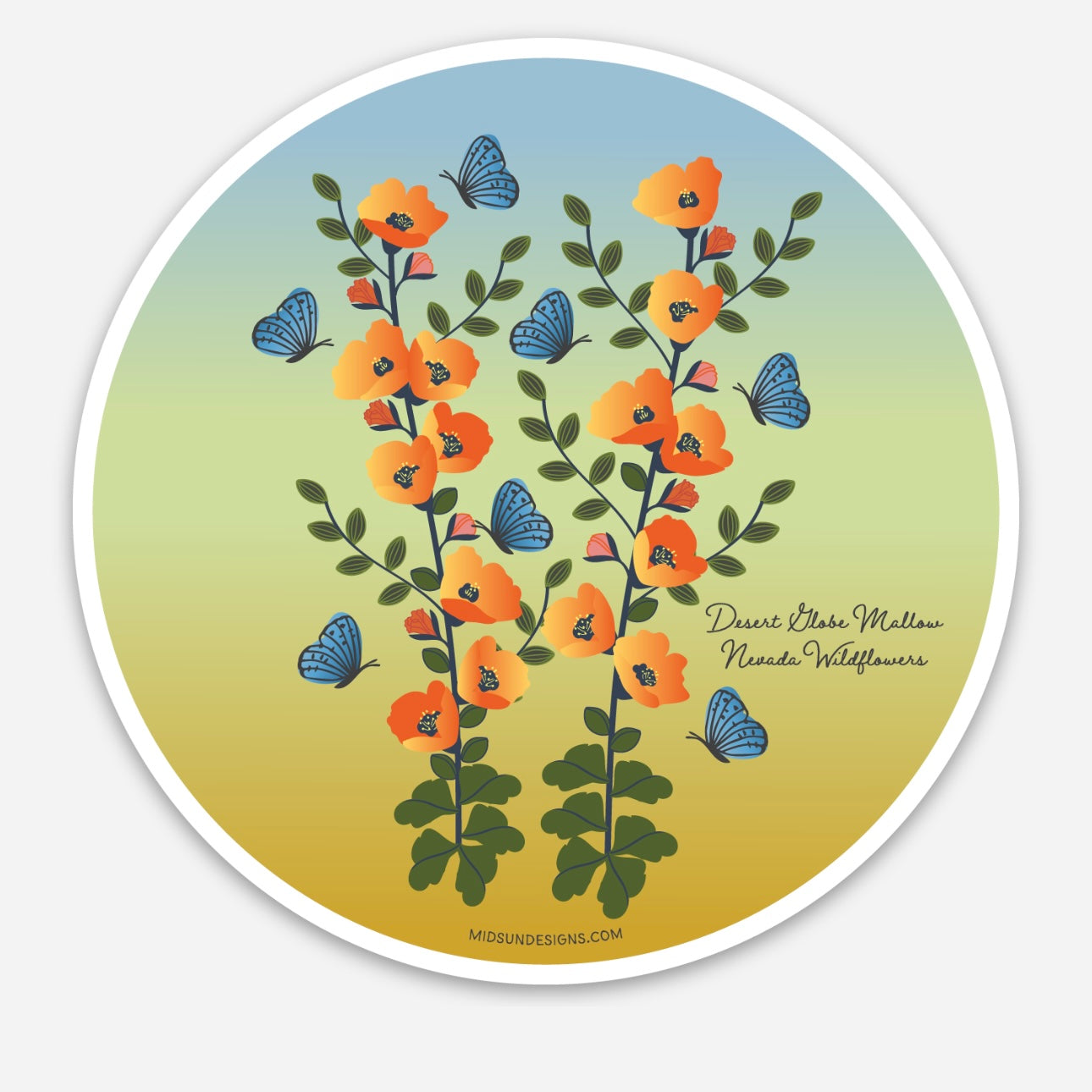 Desert Globe Mallow Wildflower & Butterflies | 3 x 3 round sticker