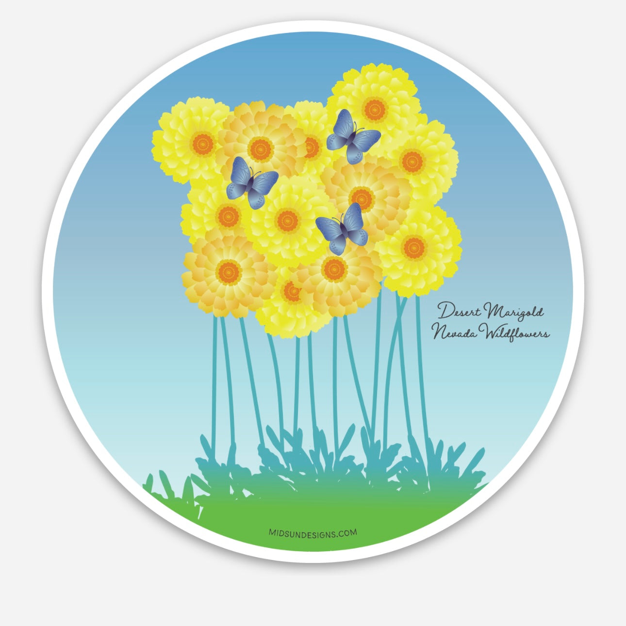 Desert Marigold Wildflower & Butterflies | 3 x 3 round sticker