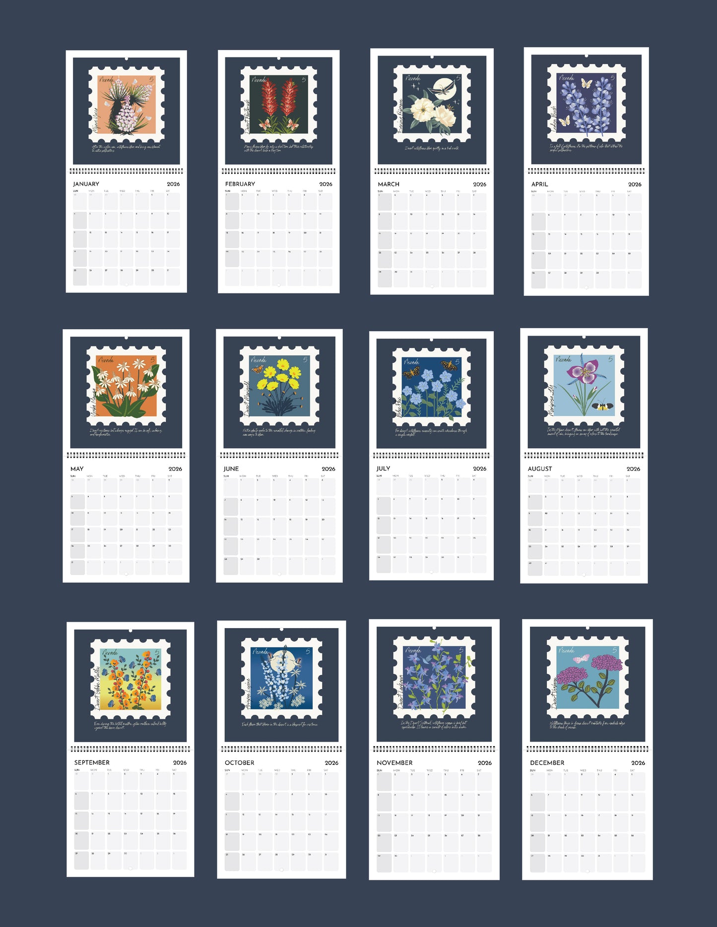 2026 WILDFLOWER CALENDAR |  POSTAGE STAMP SOUVENIR | Jan - Dec 2026 | 8.5 x 8.5
