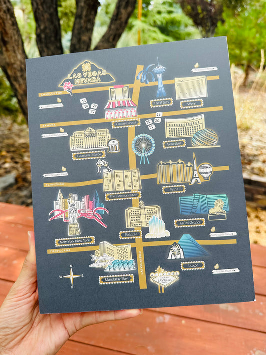 Las Vegas Strip Illustrated Map | 8x10 Wall Art on Wood Block