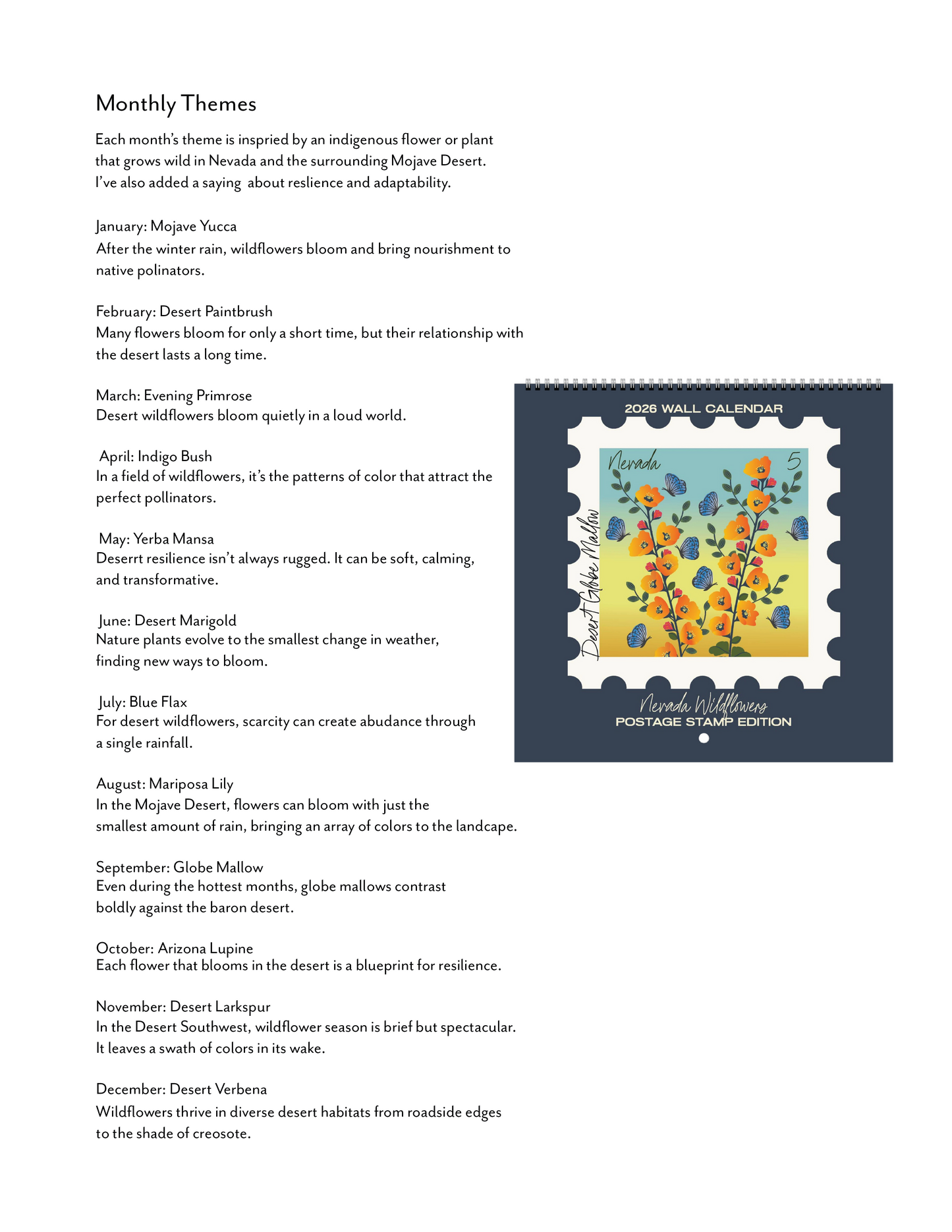2026 WILDFLOWER CALENDAR |  POSTAGE STAMP SOUVENIR | Jan - Dec 2026 | 8.5 x 8.5