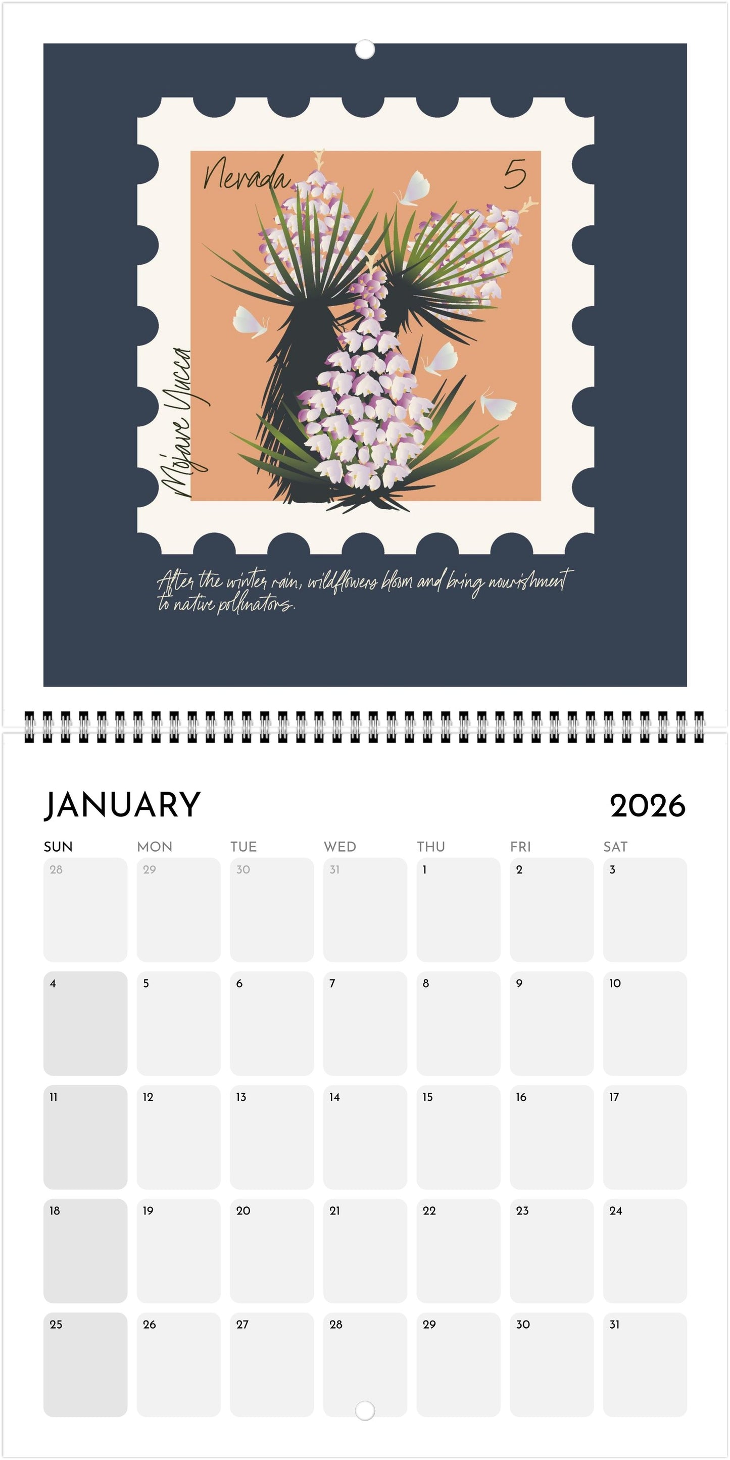 2026 WILDFLOWER CALENDAR |  POSTAGE STAMP SOUVENIR | Jan - Dec 2026 | 8.5 x 8.5