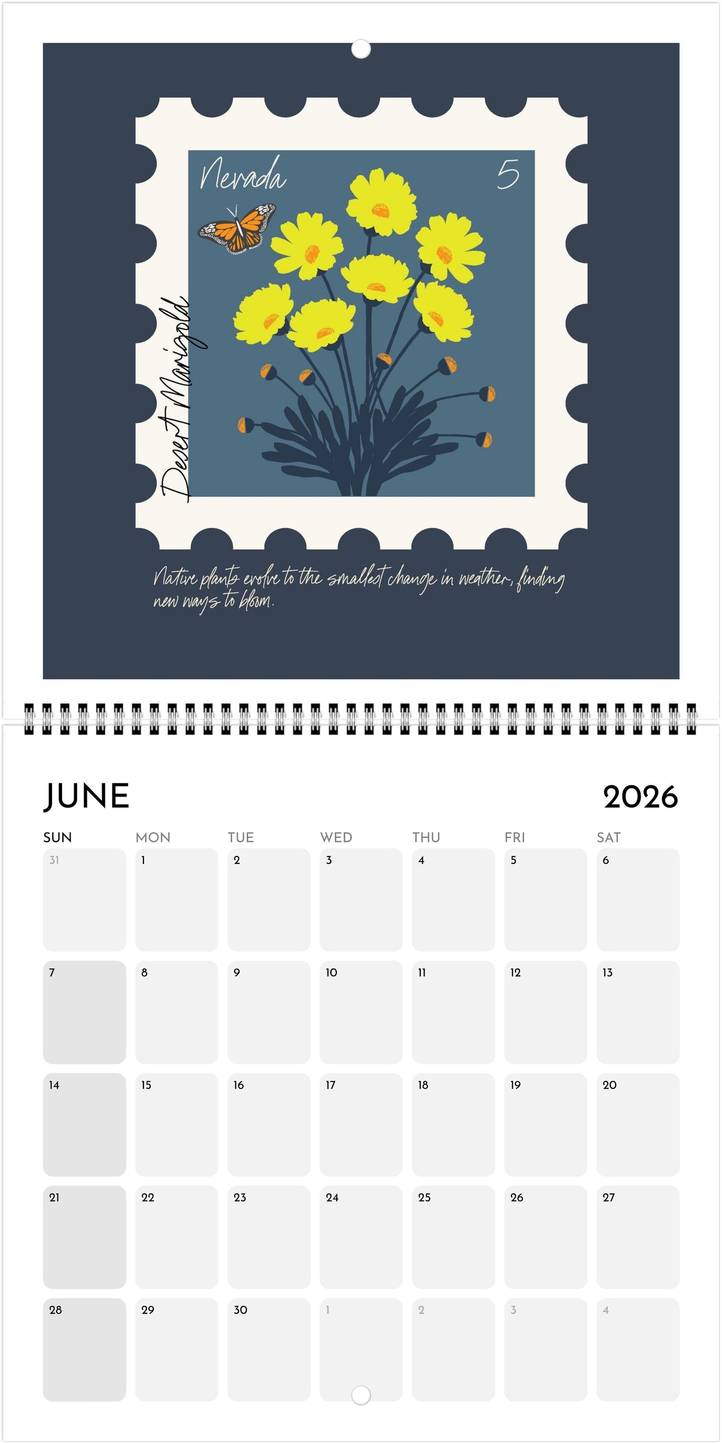 2026 WILDFLOWER CALENDAR |  POSTAGE STAMP SOUVENIR | Jan - Dec 2026 | 8.5 x 8.5