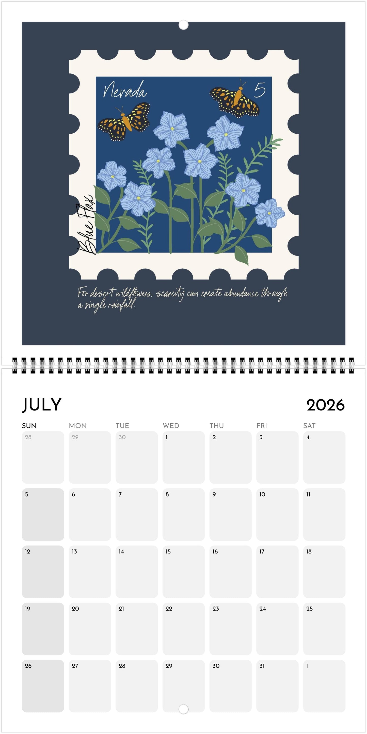 2026 WILDFLOWER CALENDAR |  POSTAGE STAMP SOUVENIR | Jan - Dec 2026 | 8.5 x 8.5